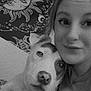 Apollo is registered to the contest to win money with this photo: woman, dog, face, portrait, black_and_white, selfie, indoor, tapestry, cosmic, snuggle, pet, cute, animal, human, closeup, casual, happy, companion, friendship, relaxation