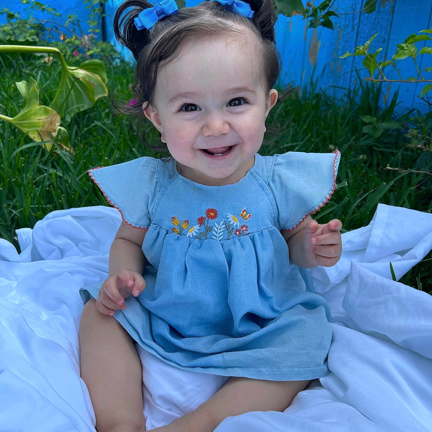 Anneliese is registered to the contest to win money with this photo: baby, blanket, blue_dress, bows, child, clothing, cute, face, garden, grass, hair, happy, nature, outdoor, person, playful, portrait, sitting, smiling, toddler