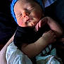 newborn, baby, sleeping, blue_hat, hand, blanket, closeup, face, infant, cozy, soft_light, peaceful, wrapped, person_holding, portrait, cute, resting, skin, indoors, toddler