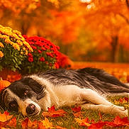 Liv joined the competition — help win amazing prizes! dog, border_collie, autumn, fall_leaves, pumpkin, flowers, yellow_flowers, red_flowers, grass, outdoor, nature, seasonal, peaceful, lying_down, black_and_white, leaf_litter, tree, blurred_background, warm_light, scenic