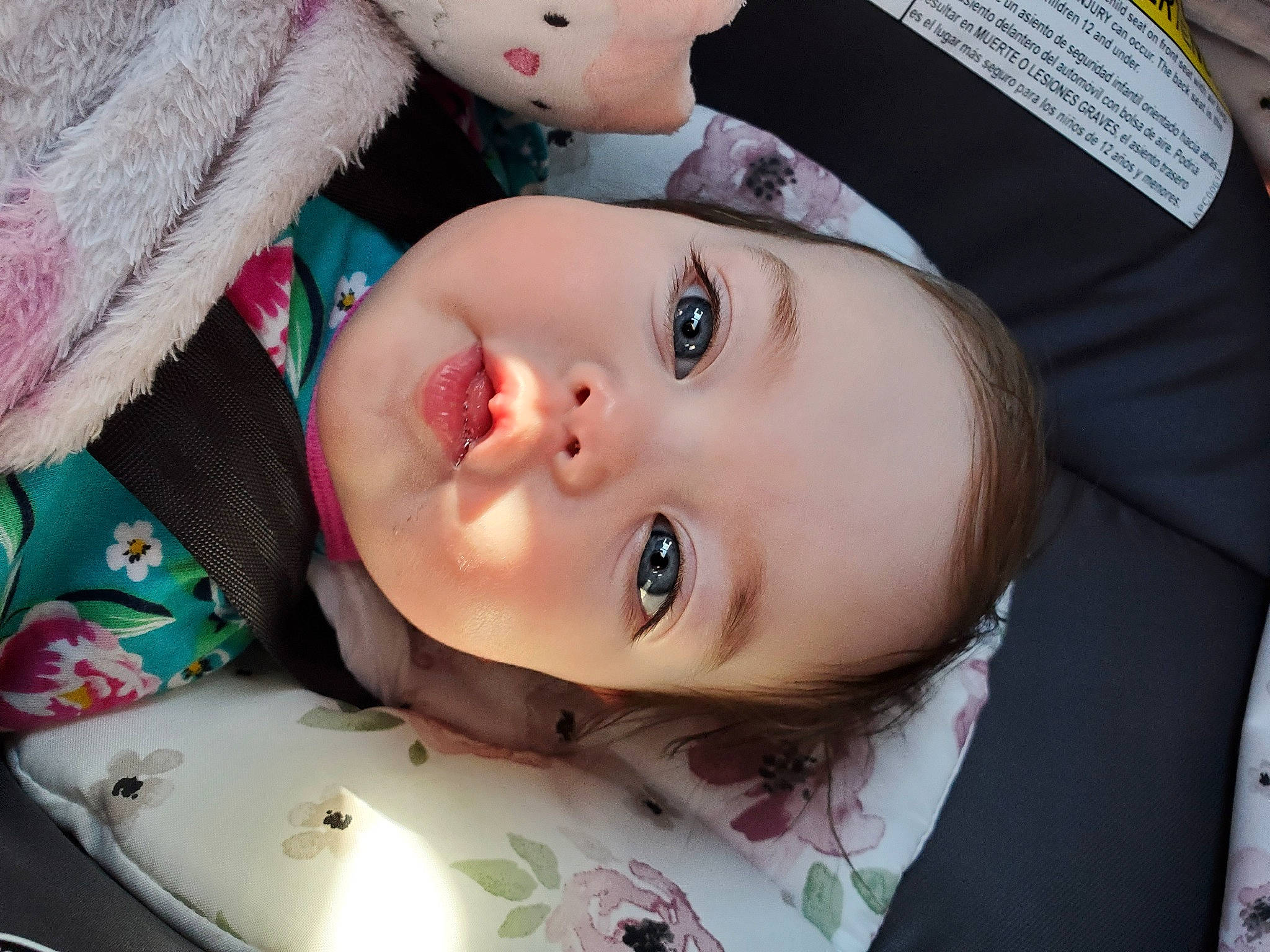 Cara is registered to the contest to win money with this photo: black_hair, cheek, chin, eye, eyebrow, eyelash, facial_expression, forehead, headgear, iris, lip, mouth, nose, organ, person, pink, skin, smile, toddler, toy