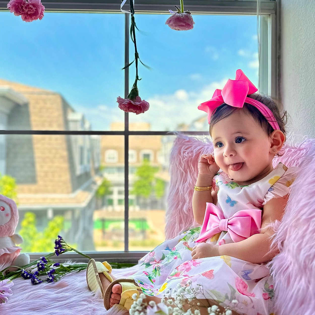 Camellia joined the competition — help win amazing prizes! baby, clothing, dahlia, daisy, dress, face, flower, flowerarrangement, flowerbouquet, furniture, head, person, petal, photography, plant, portrait, pottedplant, purple, sitting, window