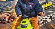 Joud Rayan a rejoint le concours — aidez-le/la à gagner de superbes lots ! child, toddler, toy_tractor, jacket, race_track, racing_cars, helicopter, checkered_flag, fire_effect, trophy, race_poster, text_overlay, helmet_absent, crowd, stadium, yellow_car, red_car, blue_sky, clouds, brown_pants
