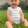 baby, child, grass, smiling, outdoor, greenery, onesie, sitting, sunlight, happy, cute, infant, person, nature, yard, summer, skin, barefoot, face, head