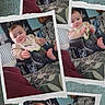 Dustin is registered to the contest to win money with this photo: baby, infant, collage, photo_frames, seat, bib, clothing, smiling, cute, indoor, child, portrait, hands, face, expression, fabric, background, scrapbook_style, torn_edges, foot
