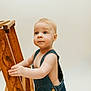 Jack joined the competition — help win amazing prizes! toddler, child, denim_overalls, wooden_ladder, blonde_hair, blue_eyes, curious, indoor, neutral_background, portrait, baby, person, cute, young_child, standing, clothing, studio, expression, innocent, casual