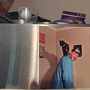 Molly joined the competition — help win amazing prizes! cat, man, human, pet, black_cat, shoulder, balancing, indoor, kitchen, appliance, metal, glass, wall, portrait, photograph, hat, beard, blue_shirt, furniture, humorous
