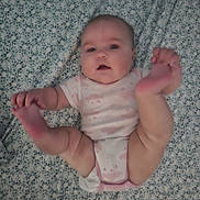 Arianna is registered to the contest to win money with this photo: baby, infant, child, lying_down, blanket, pattern, holding_feet, cute, chubby, onesie, skin, hands, feet, face, expression, looking, bed, resting, indoors, soft_lighting