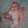 baby, infant, child, lying_down, blanket, pattern, holding_feet, cute, chubby, onesie, skin, hands, feet, face, expression, looking, bed, resting, indoors, soft_lighting