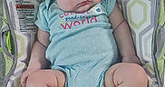 Arianna is registered to the contest to win money with this photo: baby, infant, sleeping, onesie, blue_clothing, polka_dot, baby_seat, patterned_fabric, chubby_legs, peaceful, indoors, cute, child, resting, soft_lighting, comfortable, adorable, portrait, skin, young