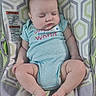 baby, infant, sleeping, onesie, blue_clothing, polka_dot, baby_seat, patterned_fabric, chubby_legs, peaceful, indoors, cute, child, resting, soft_lighting, comfortable, adorable, portrait, skin, young