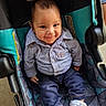 Emiliano joined the competition — help win amazing prizes! baby, child, smiling, stroller, striped_shirt, blue_pants, white_shoes, infant, cute, seated, happy, indoors, clothing, footwear, person, portrait, baby_girl, baby_boy, casual, seat