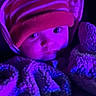 baby, child, blanket, beanie, hat, striped, face, person, portrait, closeup, indoor, warm, cozy, soft, purple_light, blue_light, cute, infant, wrapped, sleepy