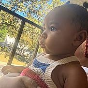 Talaija joined the competition — help win amazing prizes! baby, balcony, child, curious, daylight, expression, face, hand, holding, knitted_top, leaves, nature, outdoor, person, portrait, profile, skin, sunlight, tree, young