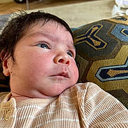 Naomi participe au concours pour gagner de l'argent avec cette photo : baby, infant, face, portrait, child, clothing, striped, onesie, cushion, pattern, indoor, person, skin, head, cheeks, eyes, hair, resting, closeup, curious