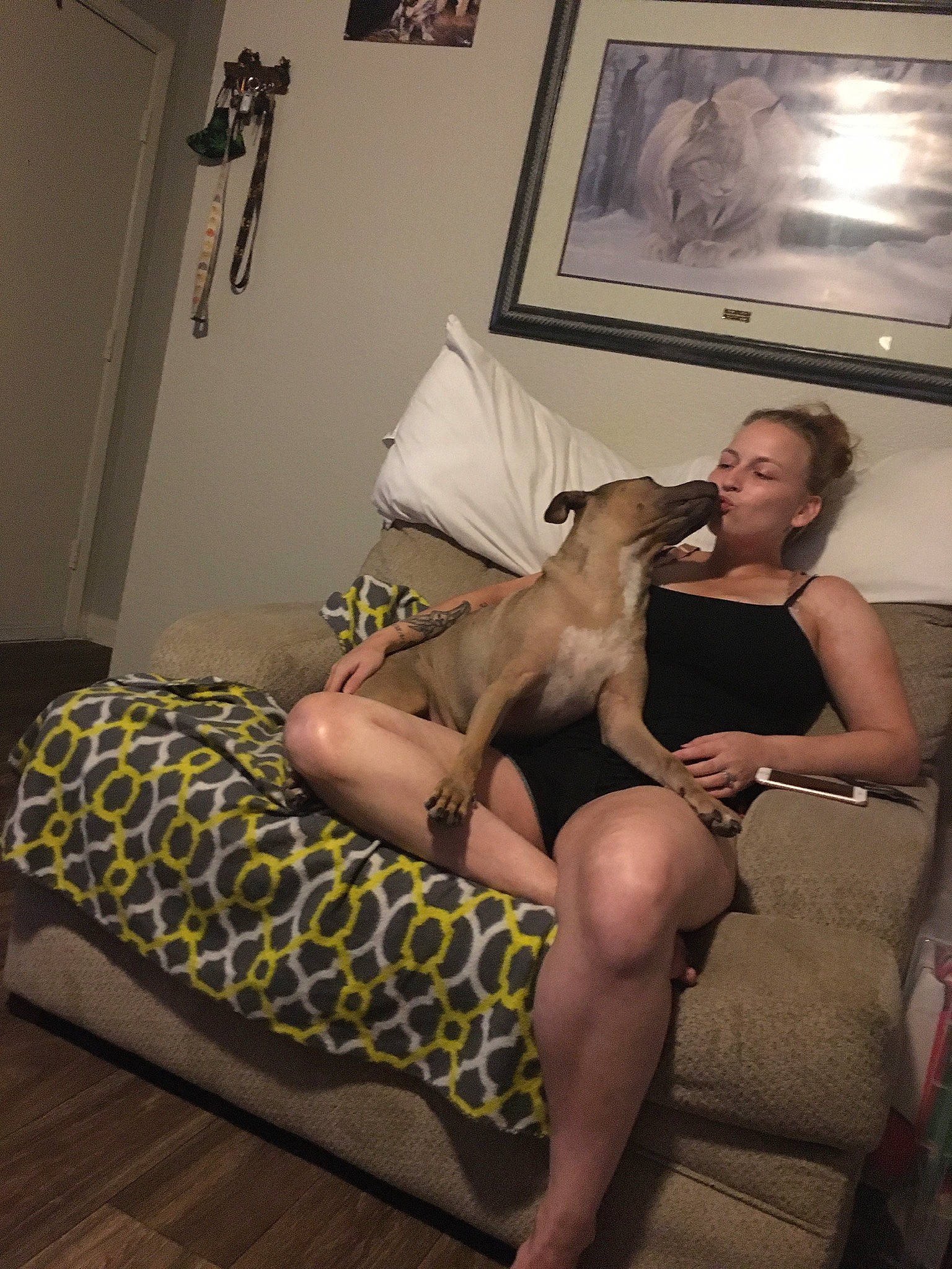 Athena joined the competition — help win amazing prizes! barefoot, blond, comfort, companion_dog, elbow, fawn, floor, flooring, foot, human_leg, joint, knee, lap, leg, long_hair, picture_frame, shoulder, sitting, thigh, trunk