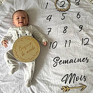 Neven a rejoint le concours — aidez-le/la à gagner de superbes lots ! baby, infant, onesie, milestone_blanket, numbers, wooden_sign, text, white, smiling, face, lying_down, soft_texture, decorative_ring, months, semaines, bonjour_le_monde, cozy, cute, happy, portrait