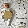 baby, infant, onesie, milestone_blanket, numbers, wooden_sign, text, white, smiling, face, lying_down, soft_texture, decorative_ring, months, semaines, bonjour_le_monde, cozy, cute, happy, portrait