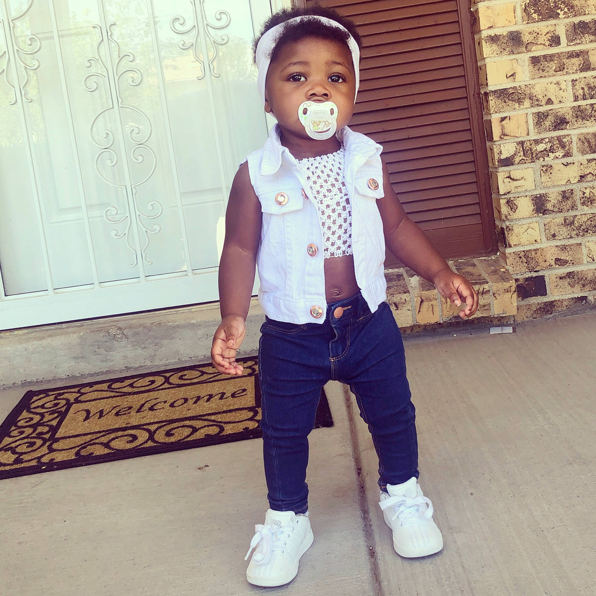 Miyah joined the competition — help win amazing prizes! child, child_model, clothing, cool, denim, fashion, footwear, head, human, jeans, outerwear, person, shoe, sleeve, standing, style, suspenders, t_shirt, toddler, trousers