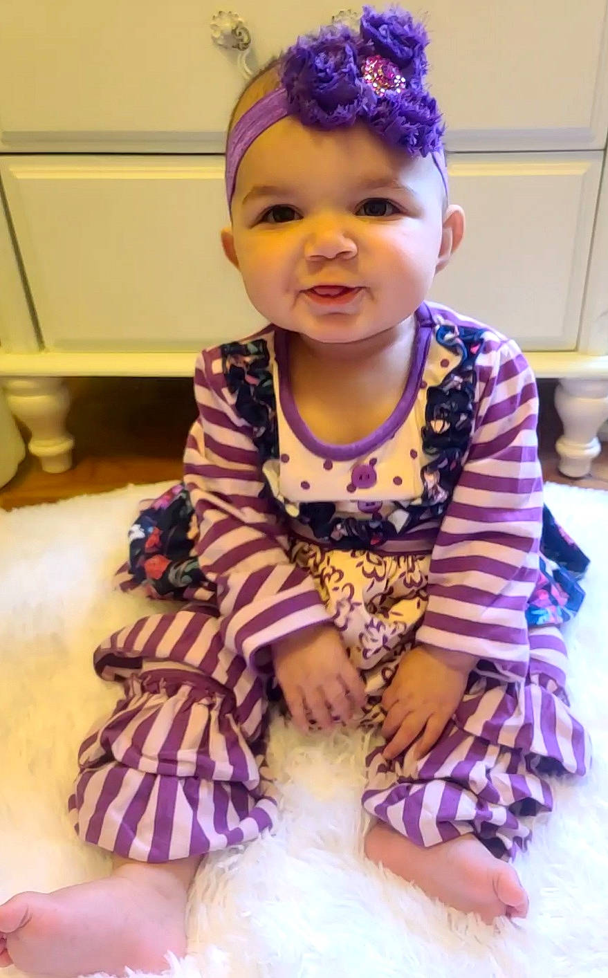 Kinsley joined the competition — help win amazing prizes! baby, baby_toddler_clothing, child, costume_accessory, day_dress, hair_accessory, headband, headpiece, headwear, lavender, party_hat, party_supply, person, purple, toddler