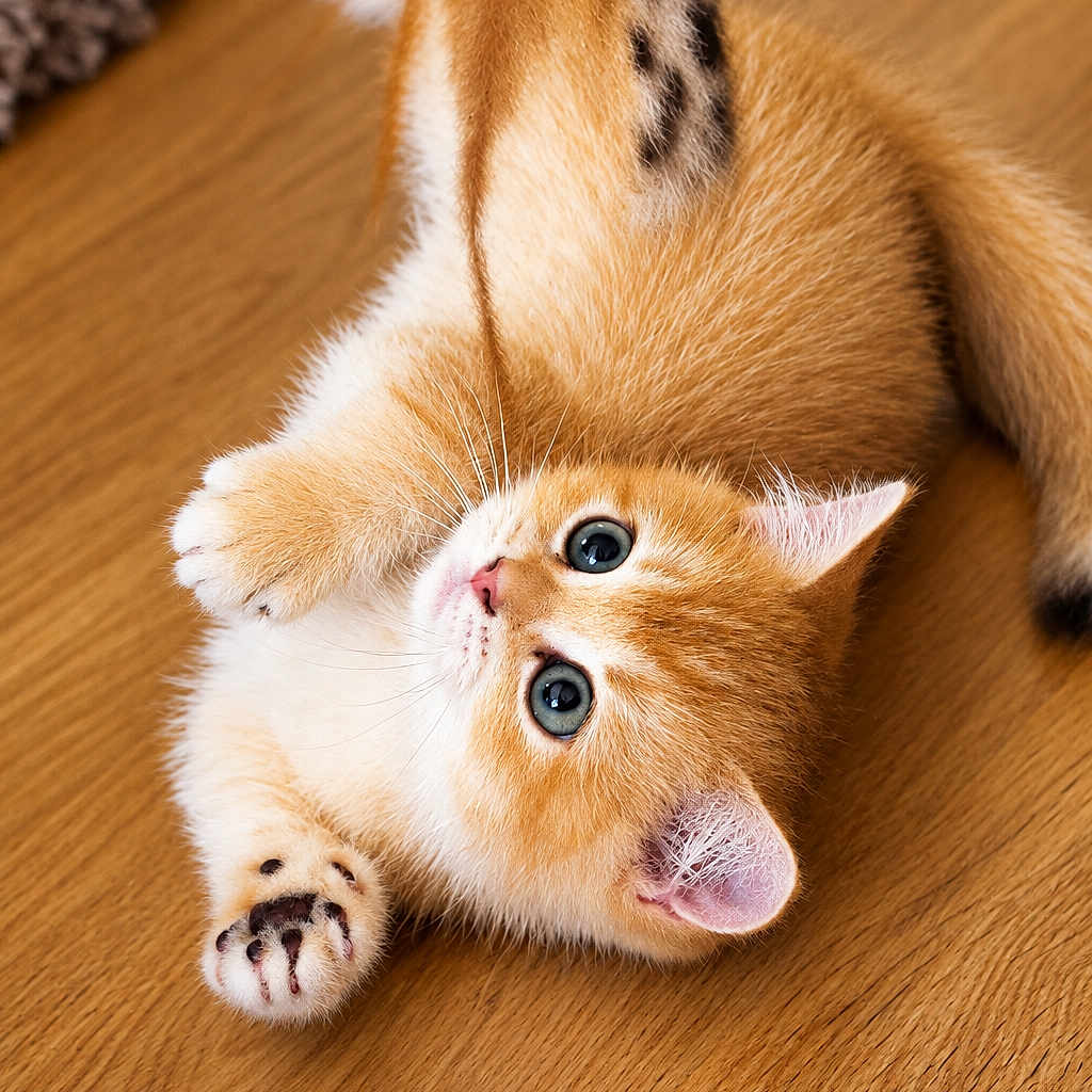 Augustus participe au concours pour gagner de l'argent avec cette photo : kitten, cat, orange_and_white, fluffy, blue_eyes, upside_down, lying_down, paws, whiskers, pink_nose, striped_tail, wooden_floor, indoor, pet, cute, playful, portrait, close_up, fur, animal