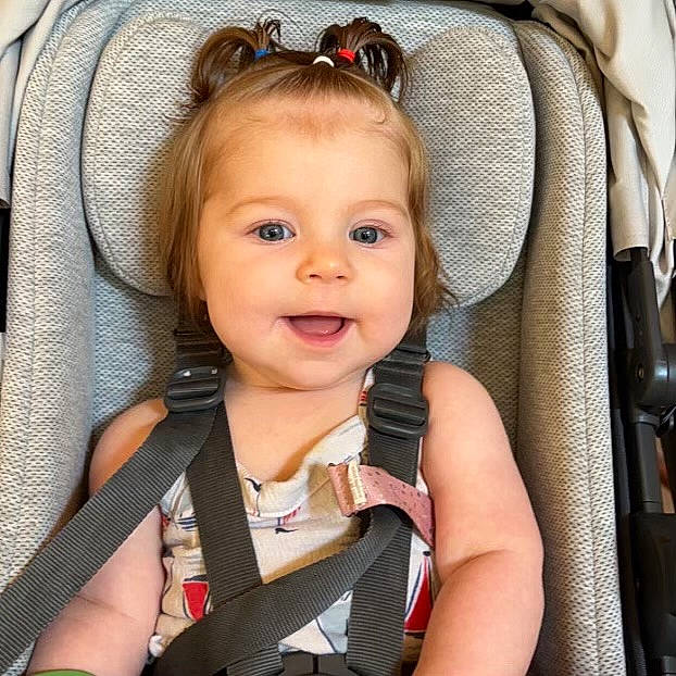 Cecilia is registered to the contest to win money with this photo: baby, baby_carriage, baby_products, baby_toddler_clothing, cheek, chin, comfort, cool, eye, eyebrow, eyelash, fun, happy, head, iris, person, seat_belt, skin, smile, sunglasses