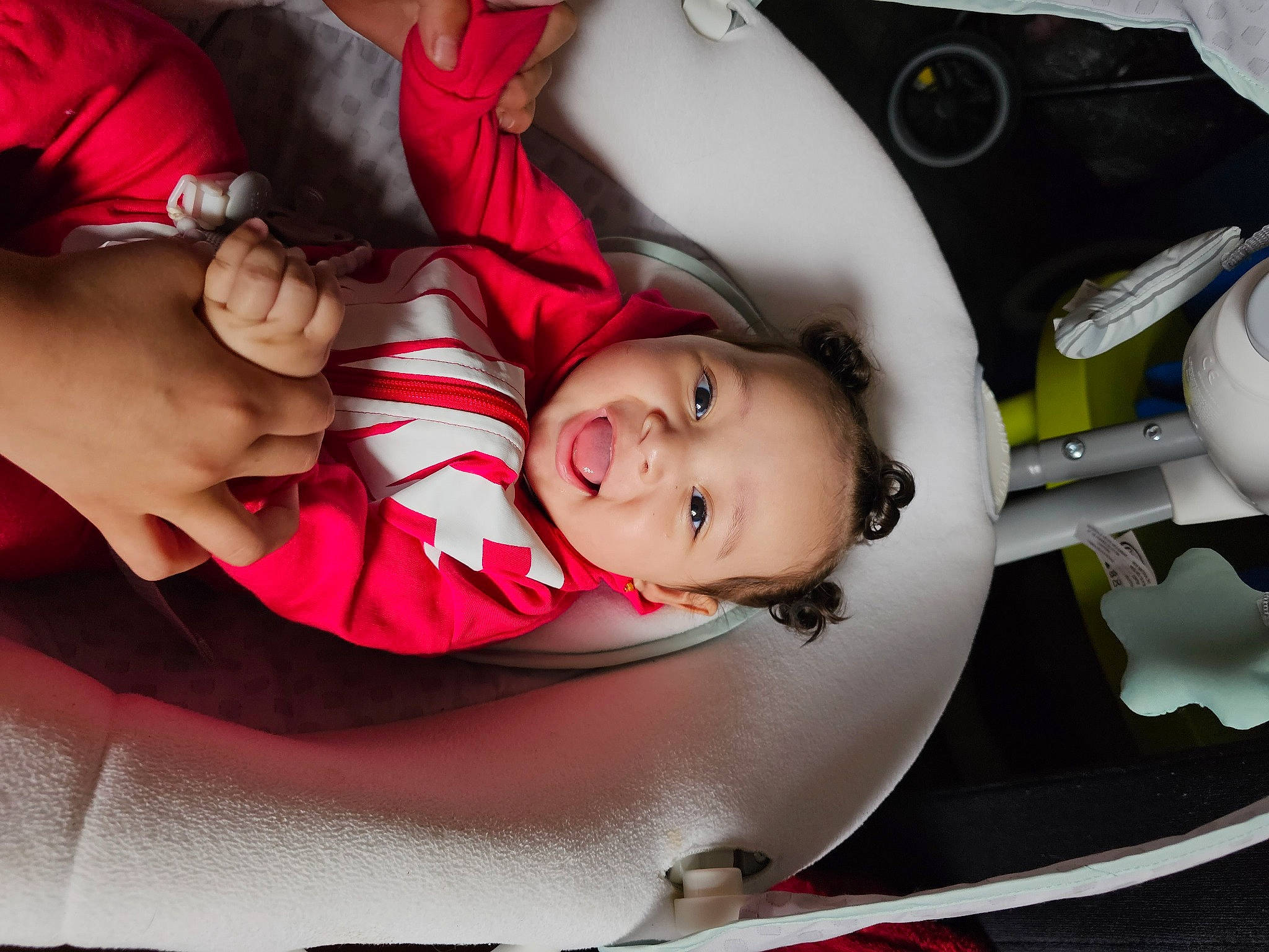 Aaliyah joined the competition — help win amazing prizes! arm, auto_part, baby, baby_carriage, baby_products, baby_toddler_clothing, car_seat, carmine, chair, child, comfort, fun, happy, head, magenta, mouth, person, sitting, skin, thigh