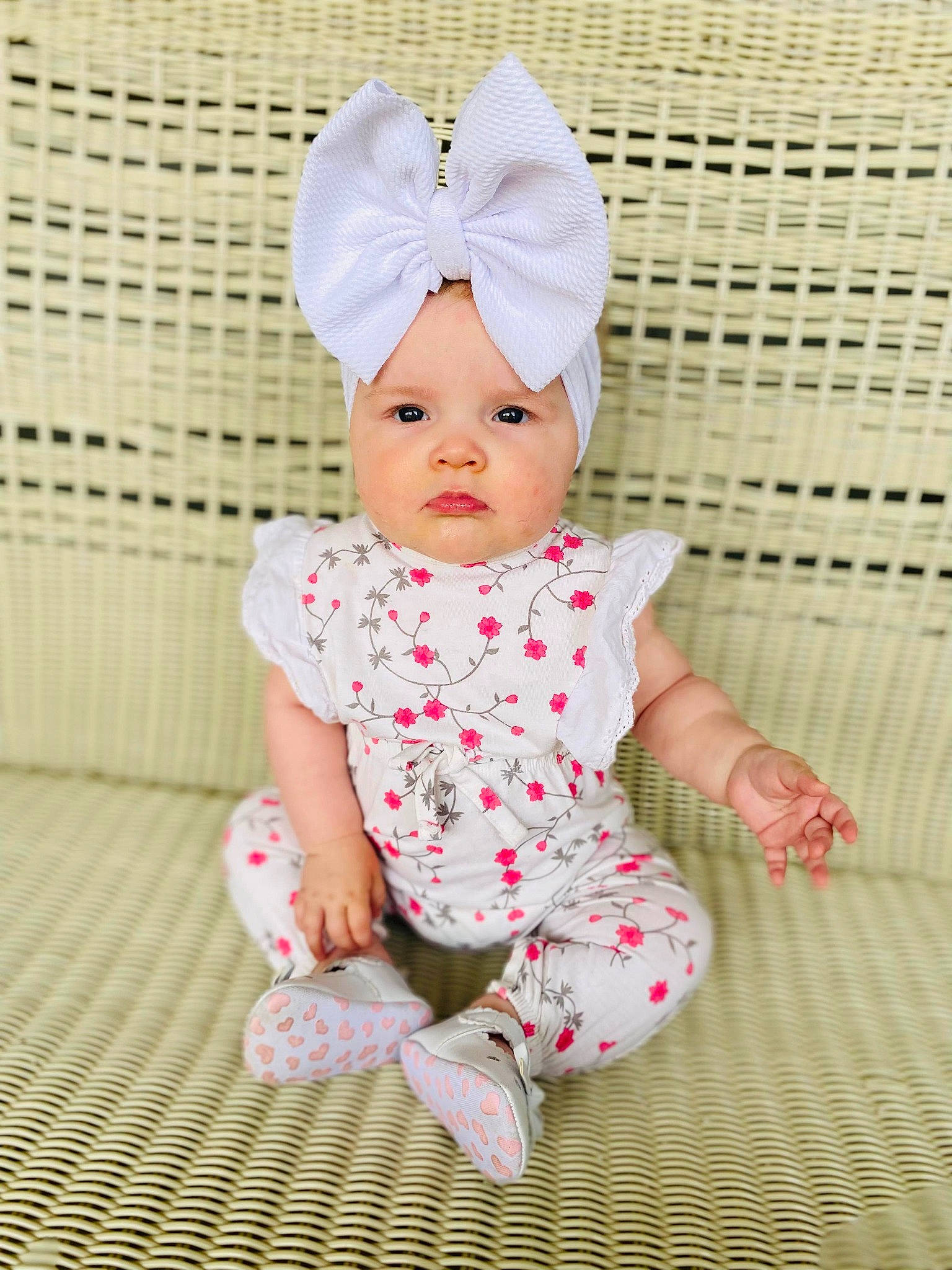 Winter joined the competition — help win amazing prizes! baby, baby_toddler_clothing, cap, child, collar, costume_hat, dress, eye, face, grass, happy, head, headwear, linens, pattern, peach, person, pink, skin, sleeve