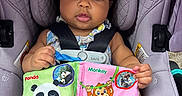 Wavie joined the competition — help win amazing prizes! baby, child, car_seat, pink_bow, soft_book, panda, monkey, colorful, cute, infant, seatbelt, clothing, foot, hand, indoors, portrait, person, toy, fabric, sitting