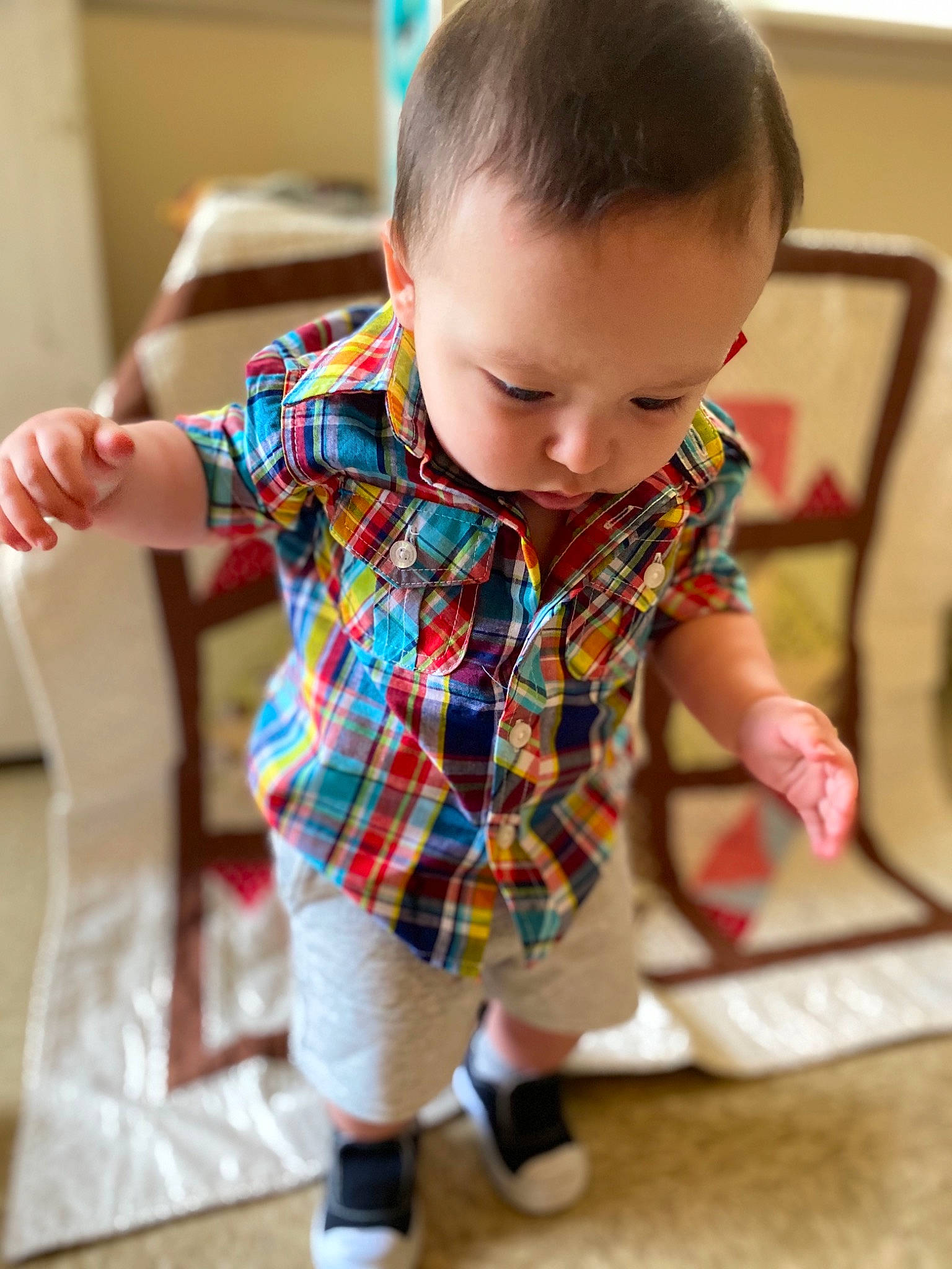 Braxton joined the competition — help win amazing prizes! baby, child, design, flooring, outerwear, pattern, person, plaid, play, sleeve, toddler