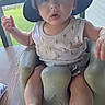 baby, child, infant, portrait, sitting, high_chair, bucket_hat, hat, cactus_print, romper, clothing, wide_eyed, surprised, indoor, window, sunlight, table, toy, feet, family_photo