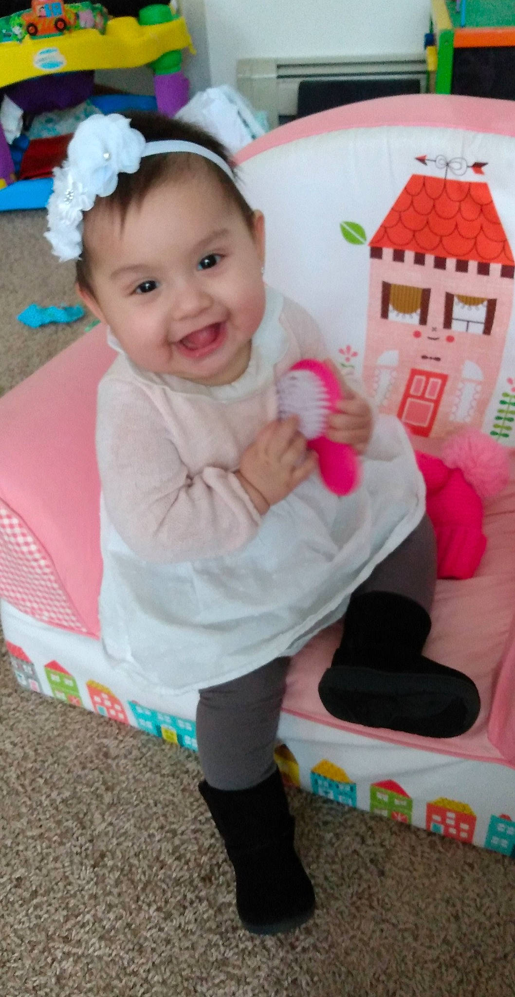 Aubrianna joined the competition — help win amazing prizes! active_pants, baby, baby_laughing, baby_products, baby_toddler_clothing, baby_toys, dollhouse, dollhouse_accessory, ear, hair_accessory, headband, headpiece, joy, laugh, mouth, nose, person, pink, sock, tights