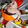 baby, pumpkin, hat, autumn_leaves, orange, yellow, white, pinecone, fall, cute, child, seasonal, decoration, smiling, indoors, soft_light, blanket, festive, holiday, portrait