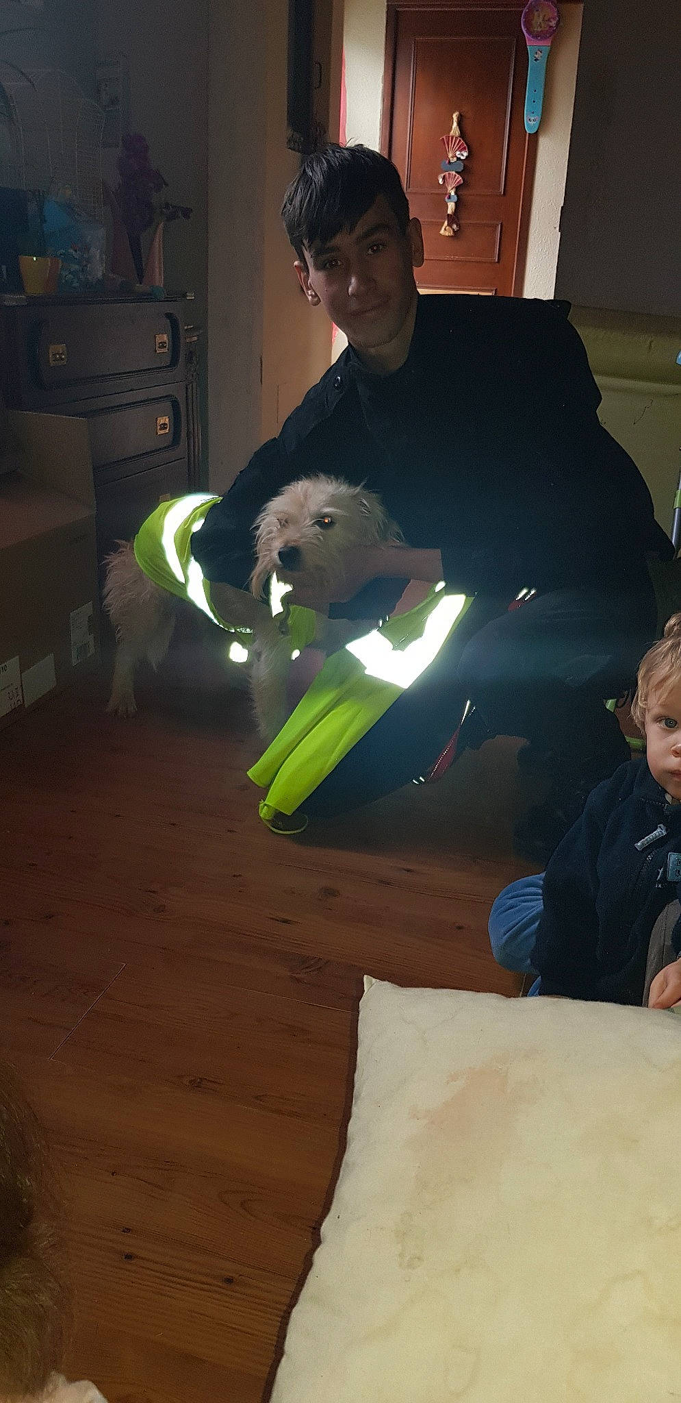 Candy participe au concours pour gagner de l'argent avec cette photo : canidae, companion_dog, floor, flooring, non_sporting_group, person, sitting