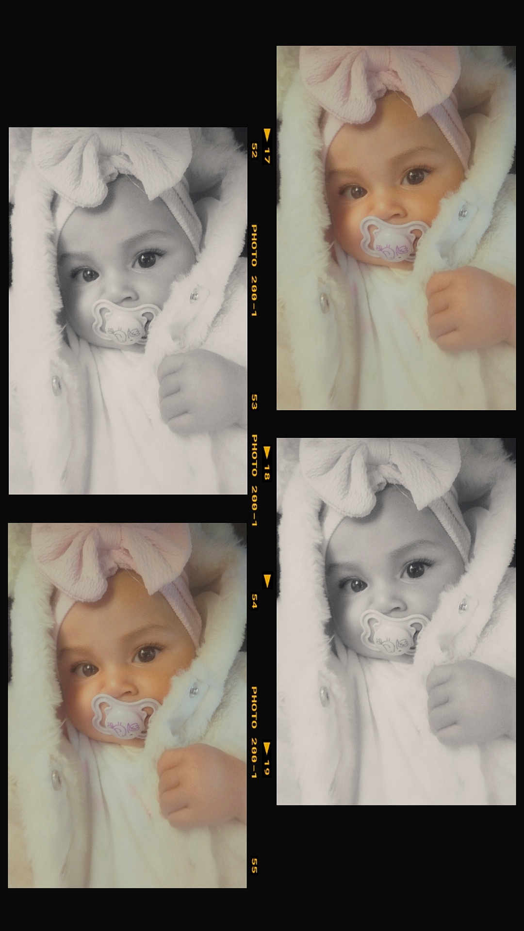 Nëlya participe au concours pour gagner de l'argent avec cette photo : baby, child, pacifier, headband, pink_bow, white_coat, fur, portrait, collage, film_strip, black_and_white, color_photo, cute, infant, face, hand, warm_clothing, indoor, soft_texture, closeup