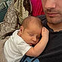 Roper is registered to the contest to win money with this photo: arm, baby, black_shirt, blanket, closeup, couch, face, family, father, head, indoor, intimate, man, newborn, pillow, portrait, rest, skin, sleeping, white_shirt
