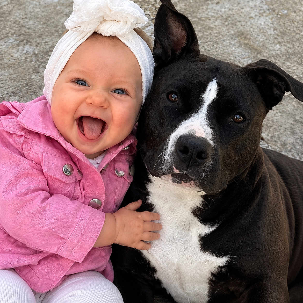 Nala By Lyla a rejoint le concours — aidez-le/la à gagner de superbes lots ! baby, dog, infant, portrait, cuddling, smiling, laughing, headwrap, pink_jacket, white_pants, black_and_white, pet, companion, closeup, outdoor, concrete, sitting, adorable, friendship, family