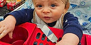 Lennox is registered to the contest to win money with this photo: toddler, child, shopping_cart, supermarket, blue_eyes, blonde_hair, clothing, baby, hand, grocery_store, aisle, food_container, face, curious, infant, retail, shopping, cute, indoor, person