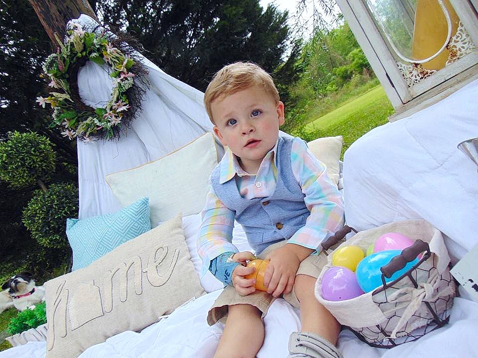 Nate is registered to the contest to win money with this photo: baby, basket, child, diaper_bag, easter, holiday, person, photography, play, recreation, room, sitting, toddler, vacation