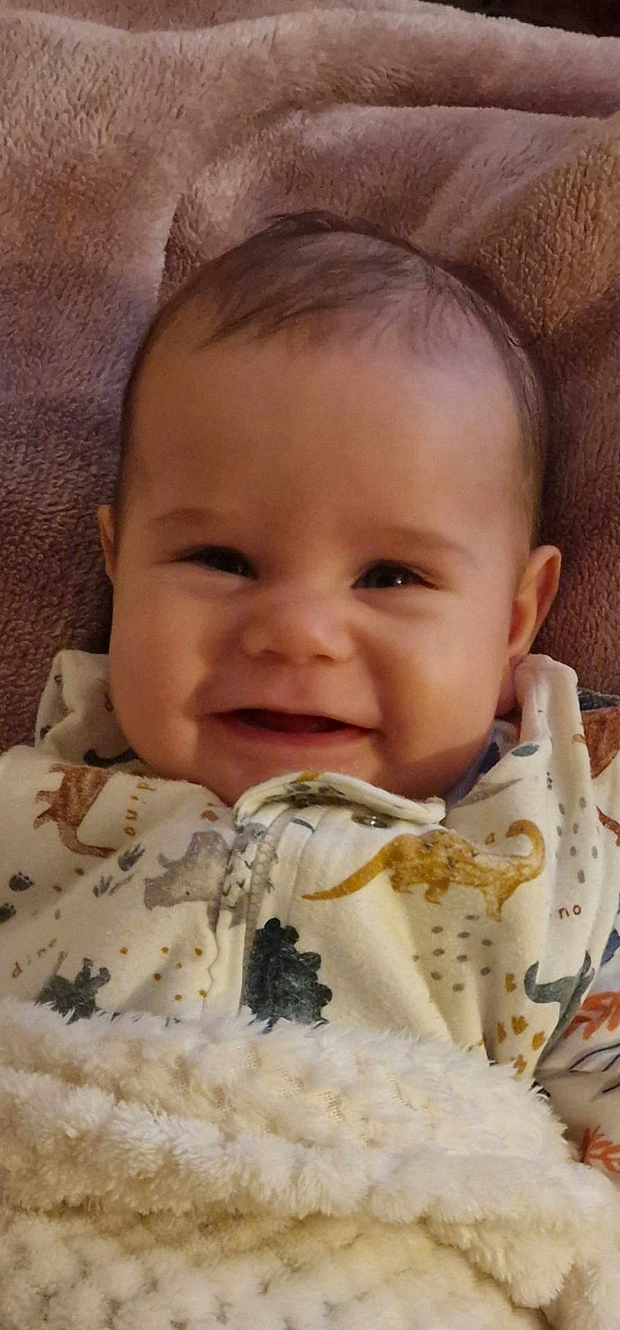 Alexandru Mihail joined the competition — help win amazing prizes! baby, smile, blanket, dinosaur_print, clothing, infant, face, happy, portrait, soft_texture, toddler, cute, child, lying_down, cozy, warm, indoors, head, apparel, baby_sleepwear