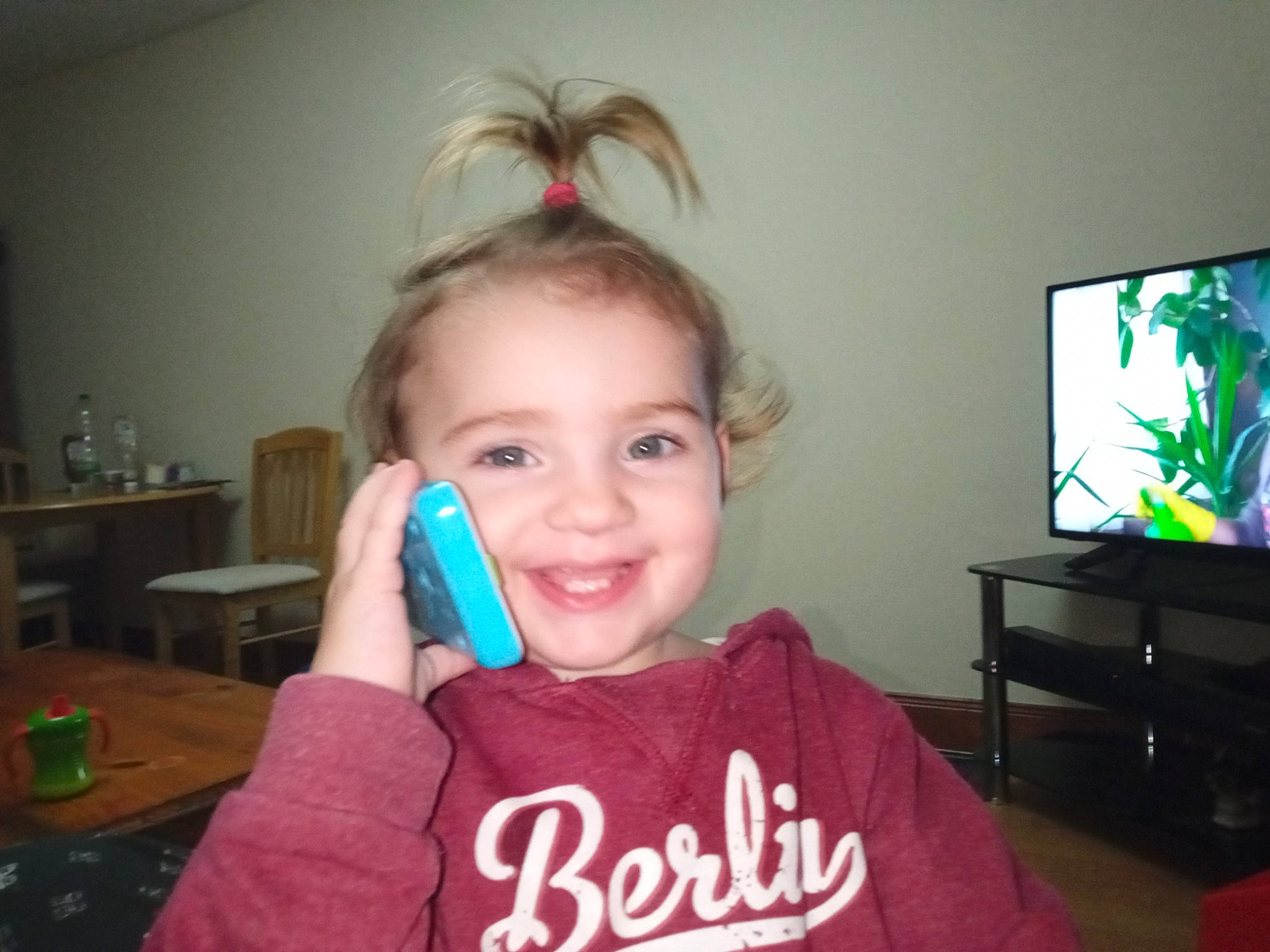 Katerina joined the competition — help win amazing prizes! cheek, child, display_device, ear, electronic_device, eyebrow, eyelash, fun, hairstyle, happy, iris, joy, laugh, person, room, smile, t_shirt, table, television, television_set