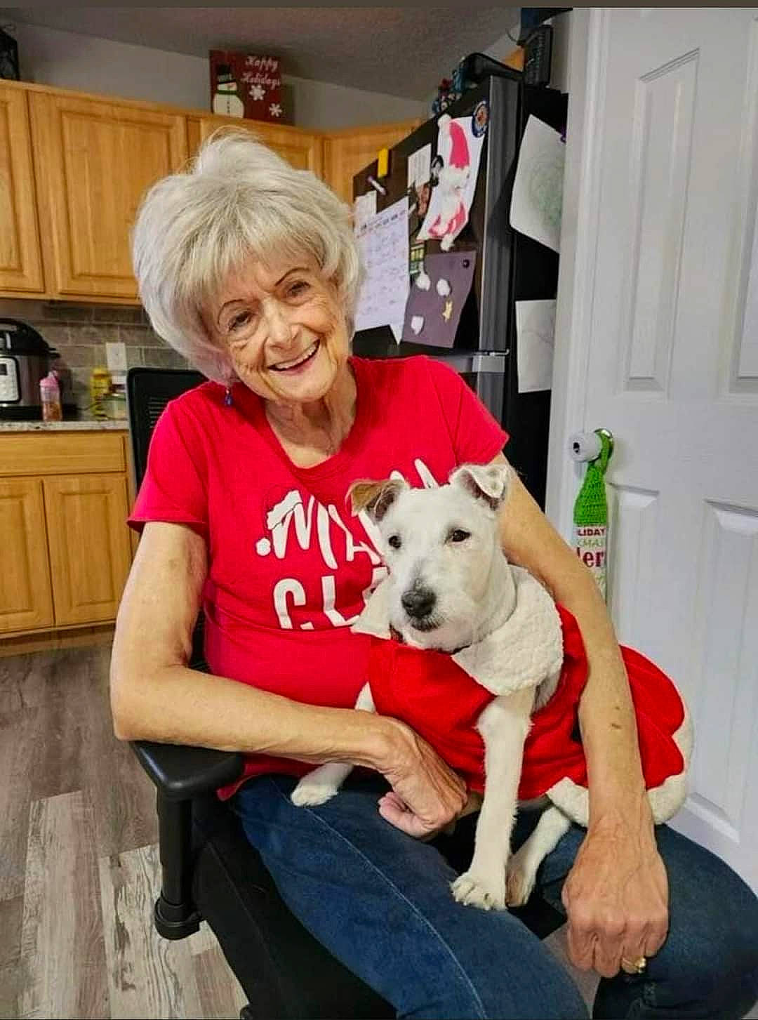 River joined the competition — help win amazing prizes! cabinetry, canidae, carnivore, chair, comfort, companion_dog, couch, dog, dog_breed, door, fawn, happy, jeans, lap, leg, sitting, smile, sporting_group, t_shirt, working_animal