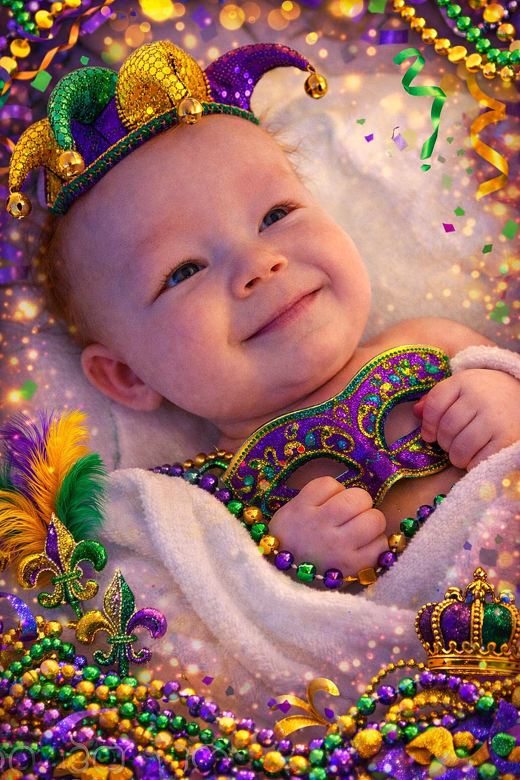 William joined the competition — help win amazing prizes! baby, towel, mardi_gras, jester_hat, mask, beads, confetti, celebration, smile, festive, purple, green, gold, feathers, crown, happy, portrait, child, colorful, party
