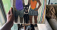 Baki joined the competition — help win amazing prizes! dog, doberman, painting, hand, blanket, couch, window, indoor, artwork, person, animal, furniture, cartoon, portrait, colorful, illustration, pet, tile_floor, natural_light, curtains