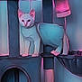cat, cat_tree, pet, animal, white_cat, indoor, furniture, play_structure, scratching_post, pet_toy, curious, alert, soft_lighting, blue_tone, pink_tone, domestic_animal, feline, standing, closeup, cozy