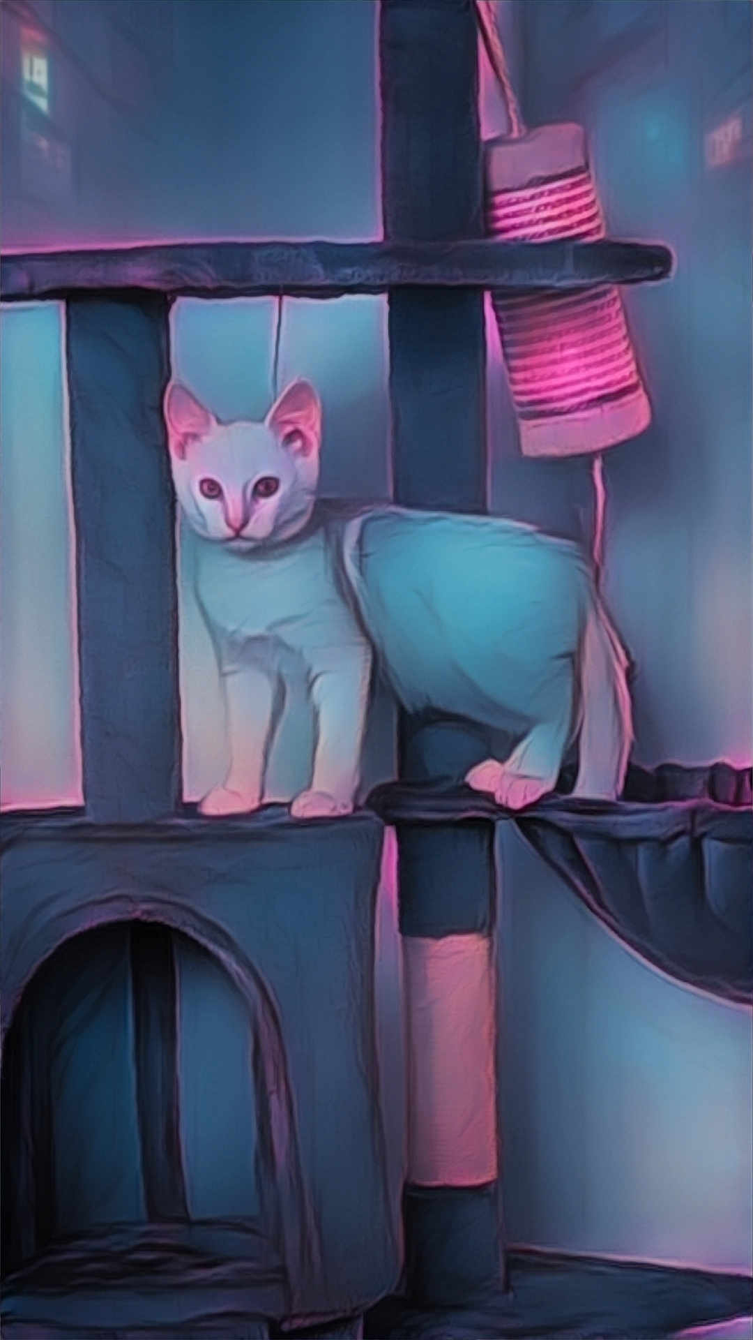 Samy participe au concours pour gagner de l'argent avec cette photo : cat, cat_tree, pet, animal, white_cat, indoor, furniture, play_structure, scratching_post, pet_toy, curious, alert, soft_lighting, blue_tone, pink_tone, domestic_animal, feline, standing, closeup, cozy