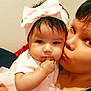 Emma is registered to the contest to win money with this photo: baby, woman, child, pink_bow, kiss, cheek, hand, fingers, face, portrait, clothing, indoor, person, love, affection, cute, toddler, headband, holding, skin
