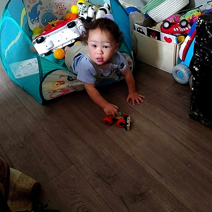 Zayden joined the competition — help win amazing prizes! child, toddler, crawling, toy, toy_car, play_tent, stuffed_animals, playroom, indoor, floor, wooden_floor, furniture, storage_bin, colorful, portrait, face, dark_hair, casual_clothing, home, exploration