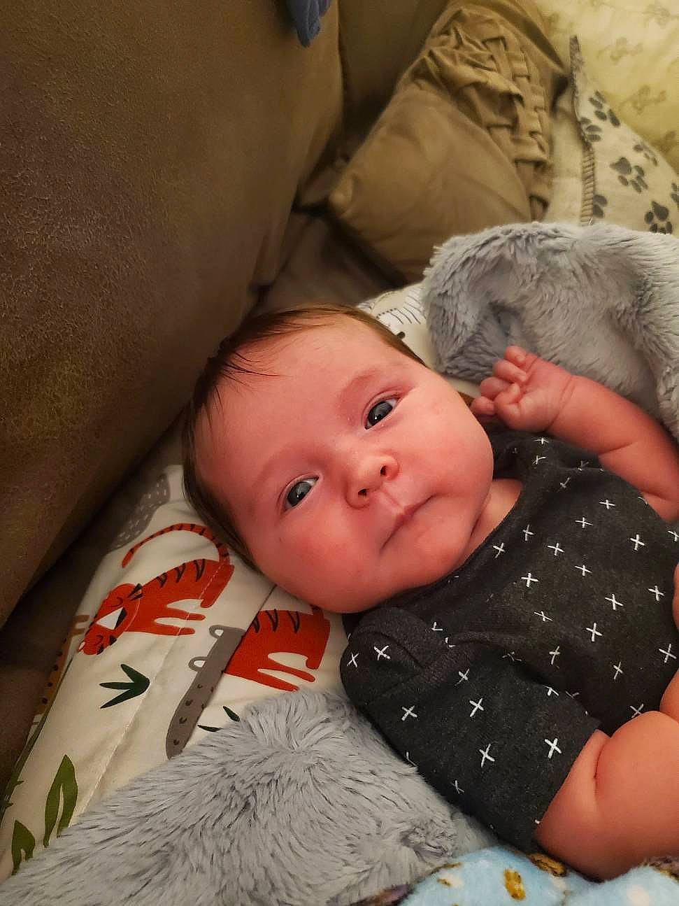 Salem is registered to the contest to win money with this photo: baby, baby_toddler_clothing, bedtime, cheek, child, comfort, linens, pattern, person, room, sitting, skin, sleep, sleeve, toddler, wood