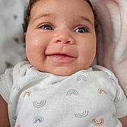 Sky is registered to the contest to win money with this photo: baby, smiling, blue_eyes, curly_hair, onesie, rainbow_pattern, blanket, closeup, infant, cute, happy, child, portrait, skin, face, lying_down, soft_texture, indoors, young, person